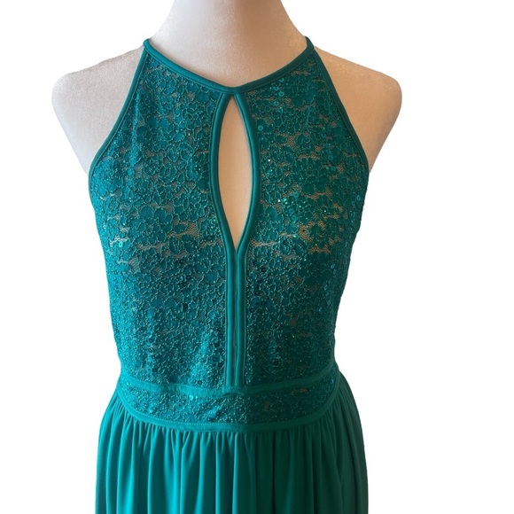 NIGHTWAY Womens Emerald Green Lace Sequined Mesh Slitted Sleeveless Halter 8 - Picture 6 of 9